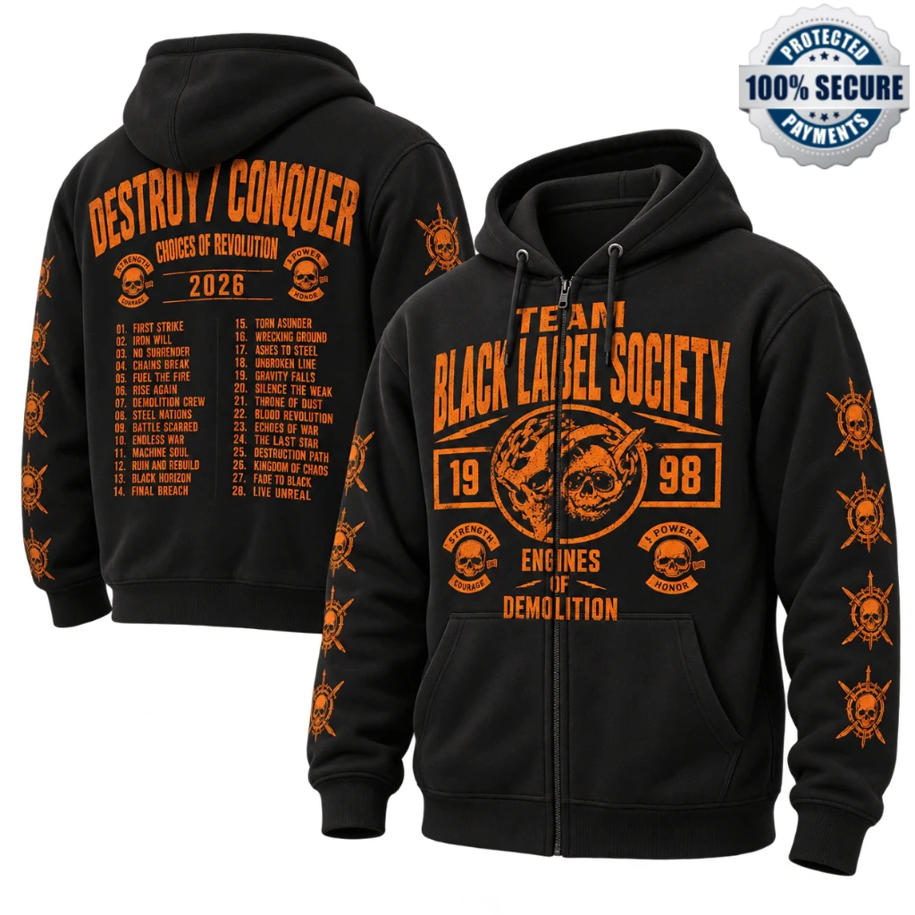 Black Label Society Engines Of Demolition 2026 Destroy And Conquer Tour Black Zip Up Hoodie